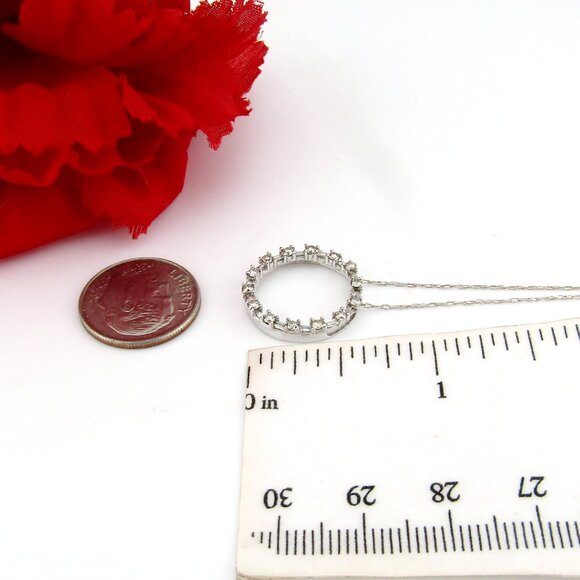 Round & Baguette Diamond Circle Pendant Necklace Solid 10k White Gold Natural - Picture 4 of 6